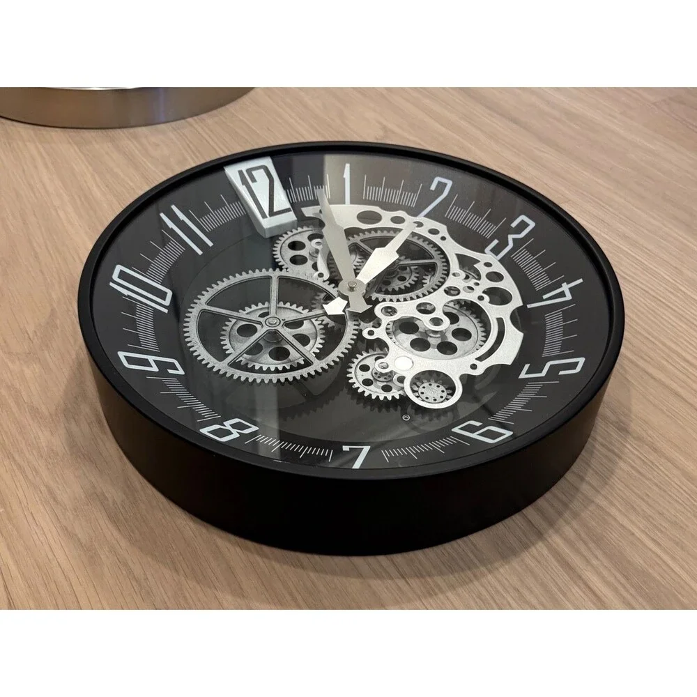 16” Industrial Steampunk Moving Gear Wall Clock Silent Battery Operated Black